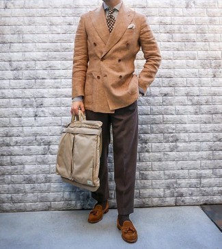 Tan Canvas Tote Bag Outfits For Men: This pairing of a tan double breasted blazer and a tan canvas tote bag looks amazing and immediately makes you look cool. Add brown suede tassel loafers to the mix to easily up the style factor of any ensemble.