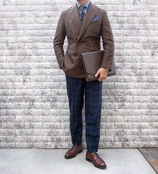 Men's Brown Double Breasted Blazer, Light Blue Dress Shirt, Navy and Green Plaid Dress Pants, Brown Leather Derby Shoes