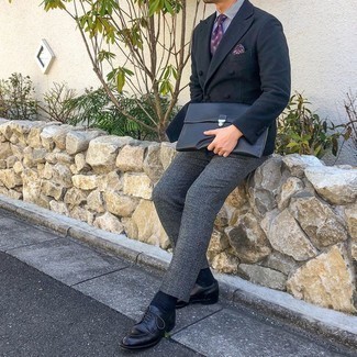 Navy Wool Double Breasted Blazer Outfits For Men: For a look that's smart and GQ-worthy, wear a navy wool double breasted blazer and black and white houndstooth dress pants. Bring a fun vibe to by finishing with a pair of black leather derby shoes.