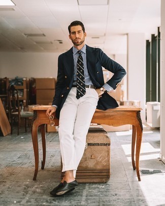 White Dress Pants Outfits For Men: You'll be surprised at how super easy it is to pull together this refined ensemble. Just a navy double breasted blazer and white dress pants. Here's how to dial it down: black leather tassel loafers.