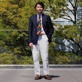 Multi colored Horizontal Striped Tie Outfits For Men: Consider wearing a navy double breasted blazer and a multi colored horizontal striped tie and you will surely turn every head in the proximity. When this outfit looks all-too-fancy, tone it down by rocking brown suede loafers.