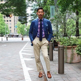 Multi colored Plaid Dress Shirt Outfits For Men: You'll be surprised at how extremely easy it is to get dressed this way. Just a multi colored plaid dress shirt teamed with beige dress pants. Add a pair of brown leather loafers to this outfit and the whole ensemble will come together really well.