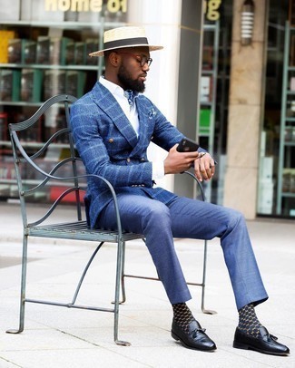 Beige Straw Hat Outfits For Men: Breathe a relaxed vibe into your current routine with a blue check double breasted blazer and a beige straw hat. Black leather tassel loafers will effortlessly dress up even your most comfortable clothes.