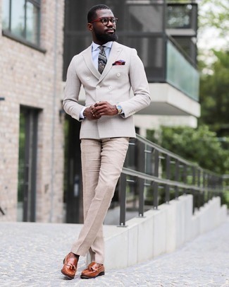 Beige Check Dress Pants Outfits For Men: To look like a modern gentleman, try pairing a beige check double breasted blazer with beige check dress pants. A pair of tobacco leather tassel loafers looks perfectly at home with this look.