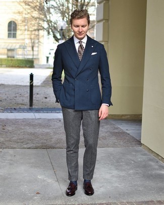Grey Wool Dress Pants Outfits For Men: Marrying a navy double breasted blazer and grey wool dress pants is a surefire way to breathe a sophisticated touch into your styling lineup. To inject a more relaxed spin into this look, complement your ensemble with burgundy leather tassel loafers.