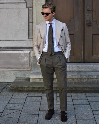 Olive Dress Pants Outfits For Men: Look the best you possibly can in a beige double breasted blazer and olive dress pants. Wondering how to round off? Complete your ensemble with dark brown suede double monks for a more laid-back twist.