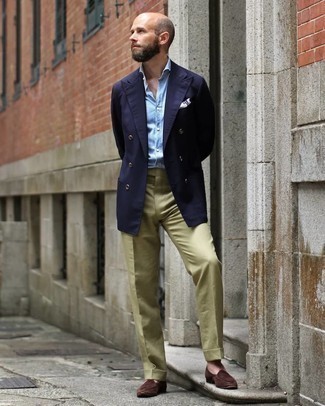 Men's Navy Double Breasted Blazer, Light Blue Chambray Dress Shirt, Olive Dress Pants, Dark Brown Suede Loafers