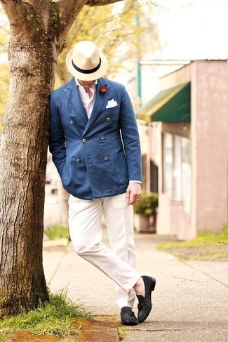 Beige Straw Hat Outfits For Men: To achieve a laid-back ensemble with a modern take, pair a navy cotton double breasted blazer with a beige straw hat. Rounding off with a pair of charcoal suede tassel loafers is the simplest way to bring a bit of flair to this ensemble.