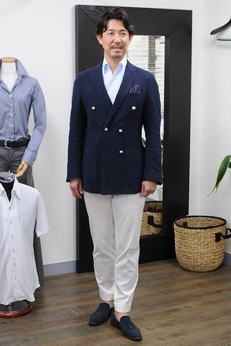 Dark Blue Unstructured Double Breasted Linen And Cotton Blend Suit Jacket