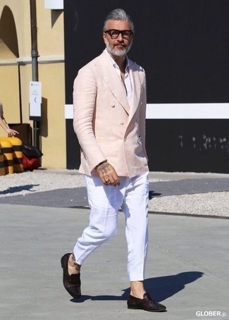 Pink Double Breasted Blazer Outfits For Men: Try pairing a pink double breasted blazer with white dress pants to look handsome and stylish. You could perhaps get a little creative in the shoe department and complete your look with dark brown woven leather loafers.