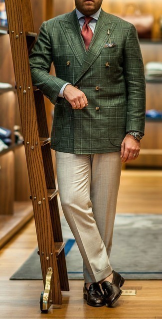 Tobacco Leather Tassel Loafers Outfits: Consider teaming a dark green plaid double breasted blazer with beige dress pants for sharp style with a modern spin. Tobacco leather tassel loafers will add a carefree touch to an otherwise classic look.