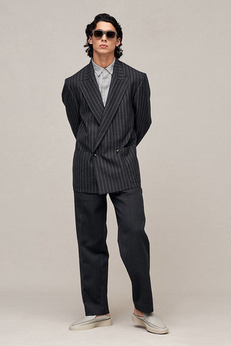 Grey Leather Loafers Outfits For Men: Pairing a black vertical striped double breasted blazer and black dress pants will cement your sartorial prowess. Bring a carefree touch to this ensemble by finishing off with a pair of grey leather loafers.