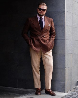 Men's Brown Double Breasted Blazer, White and Purple Vertical Striped Dress Shirt, Beige Dress Pants, Dark Brown Leather Tassel Loafers