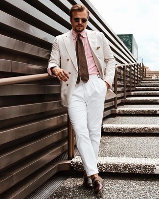 Beige Double Breasted Blazer Outfits For Men: This combo of a beige double breasted blazer and white dress pants epitomizes polish and refinement. To introduce a carefree feel to your look, complement this outfit with a pair of dark brown leather monks.