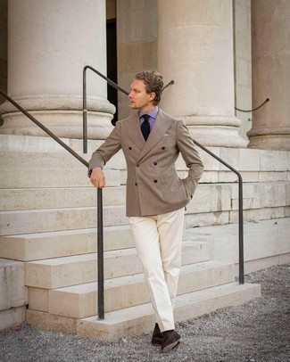 Double Breasted Blazer Outfits For Men: This combo of a double breasted blazer and white dress pants can only be described as outrageously sharp and refined. Take a more relaxed approach with shoes and introduce a pair of dark brown suede tassel loafers to your ensemble.