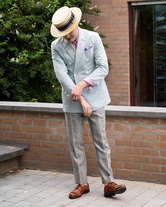 Men's Light Blue Double Breasted Blazer, Pink Dress Shirt, Grey Plaid Dress Pants, Brown Leather Derby Shoes