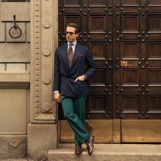 Dark Green Dress Pants Outfits For Men: Pairing a navy double breasted blazer with dark green dress pants is an amazing choice for a stylish and sophisticated ensemble. Wondering how to finish? Add dark brown leather tassel loafers to the equation for a more casual finish.