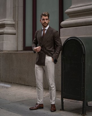 White Dress Pants Outfits For Men: Reach for a dark brown double breasted blazer and white dress pants - this look is guaranteed to make an entrance. Got bored with this ensemble? Invite a pair of dark brown leather oxford shoes to jazz things up.