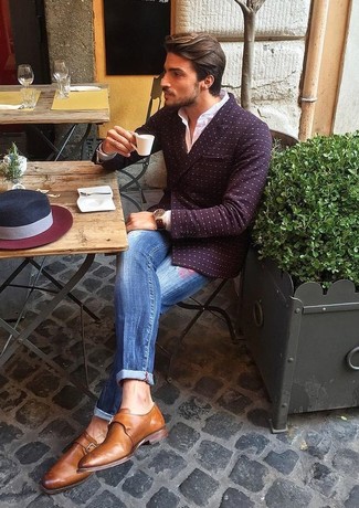 Burgundy Blazer Outfits For Men: This is definitive proof that a burgundy blazer and blue ripped jeans look amazing when worn together in a casual look. A cool pair of brown leather monks is the most effective way to give a touch of refinement to your look.