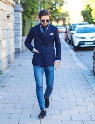 Navy Scarf Outfits For Men: Why not consider teaming a navy double breasted blazer with a navy scarf? Both of these items are super functional and will look cool when married together. Our favorite of a myriad of ways to complement this getup is with a pair of navy suede oxford shoes.