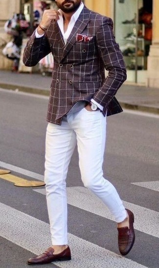 Burgundy Check Double Breasted Blazer Outfits For Men: For an effortlessly stylish ensemble, wear a burgundy check double breasted blazer and white jeans — these two pieces work nicely together. And if you need to effortlessly polish off this look with shoes, why not introduce a pair of burgundy woven leather loafers to the mix?
