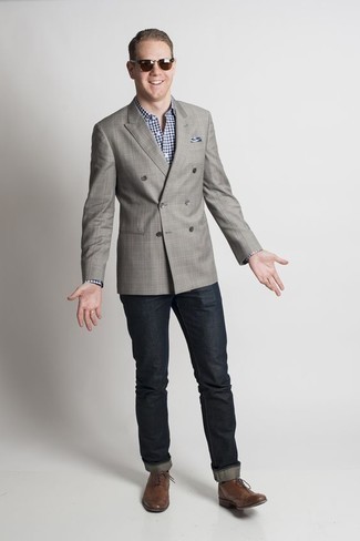 Skinny Fit Double Breasted Check Suit Jacket