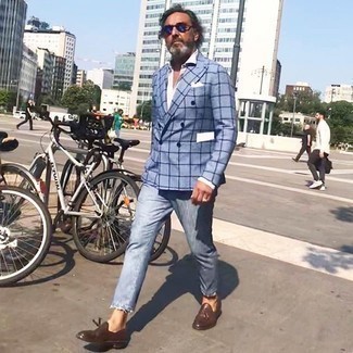 Blue Sunglasses Outfits For Men: For a cool and relaxed look, pair a light blue check double breasted blazer with blue sunglasses — these two items go beautifully together. Rounding off with brown leather tassel loafers is a surefire way to add a bit of zing to this ensemble.