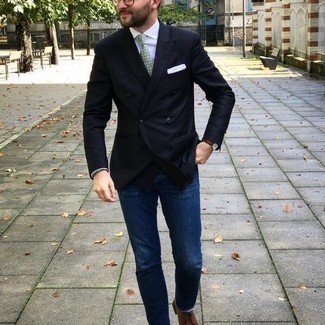 Men's Navy Double Breasted Blazer, White Dress Shirt, Navy Jeans, Brown Leather Oxford Shoes