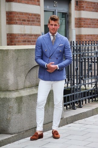 Blue Jacket Outfits For Men: The go-to for casually neat menswear style? A blue jacket with white jeans. Don't know how to finish off this getup? Round off with brown suede tassel loafers to rev up the fashion factor.