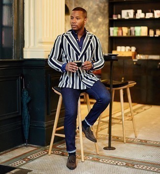 Men's White and Navy Vertical Striped Double Breasted Blazer, Navy Dress Shirt, Navy Jeans, Dark Brown Suede Tassel Loafers