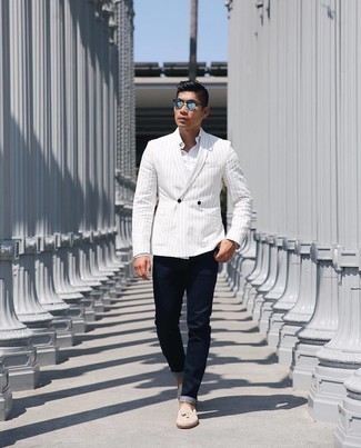 Men's White Vertical Striped Double Breasted Blazer, White Dress Shirt, Navy Jeans, Beige Suede Tassel Loafers