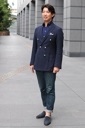 Men's Navy Double Breasted Blazer, Navy Dress Shirt, Navy Jeans, Navy Suede Loafers
