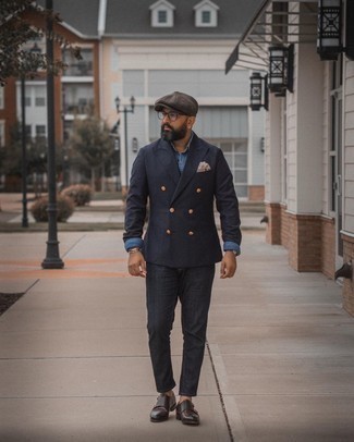 Men's Navy Double Breasted Blazer, Blue Chambray Dress Shirt, Black Jeans, Dark Brown Leather Double Monks