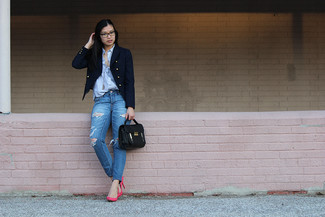 Women's Navy Double Breasted Blazer, Light Blue Vertical Striped Dress Shirt, Blue Ripped Jeans, Hot Pink Leather Pumps