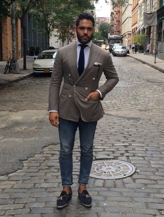 Men's Charcoal Double Breasted Blazer, Light Blue Dress Shirt, Navy Skinny Jeans, Navy Suede Tassel Loafers