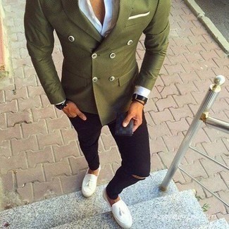 Men's Olive Double Breasted Blazer, White Dress Shirt, Black Ripped Skinny Jeans, White Leather Tassel Loafers