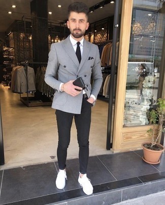 Men's Grey Double Breasted Blazer, White Dress Shirt, Black Skinny Jeans, White Athletic Shoes