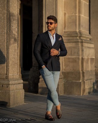 Double Breasted Blazer Outfits For Men: For a look that's super straightforward but can be smartened up or dressed down in plenty of different ways, consider wearing a double breasted blazer and light blue skinny jeans. Charcoal suede tassel loafers are guaranteed to infuse an air of refinement into this look.