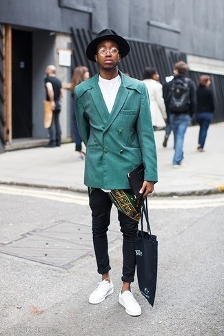 Dark Green Silk Scarf Outfits For Men: Opt for a teal double breasted blazer and a dark green silk scarf for a simple menswear style that's also put together. If you're wondering how to round off, introduce white leather low top sneakers to the equation.