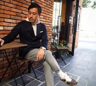 Men's Navy Double Breasted Blazer, Beige Hoodie, White and Black Gingham Chinos, Dark Brown Athletic Shoes