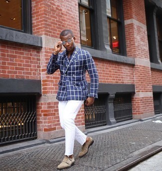 Men's Navy Check Double Breasted Blazer, White Jeans, Beige Suede Double Monks, White and Navy Pocket Square