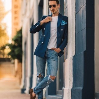 Navy and White Double Breasted Blazer Outfits For Men: When you want to go about your day with confidence in your ensemble, team a navy and white double breasted blazer with blue ripped jeans. Don't know how to finish your outfit? Finish off with a pair of brown suede loafers to ramp up the classy factor.