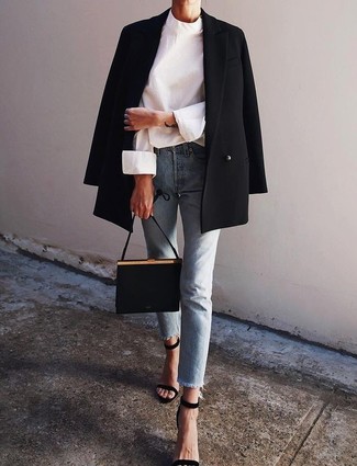 Women's Black Double Breasted Blazer, White Long Sleeve Blouse, Light Blue Jeans, Black Suede Heeled Sandals