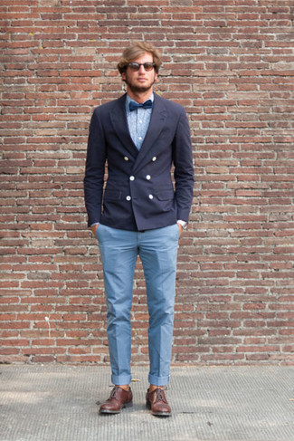 Men's Navy Double Breasted Blazer, Light Blue Chambray Long Sleeve Shirt, Light Blue Chinos, Dark Brown Leather Derby Shoes