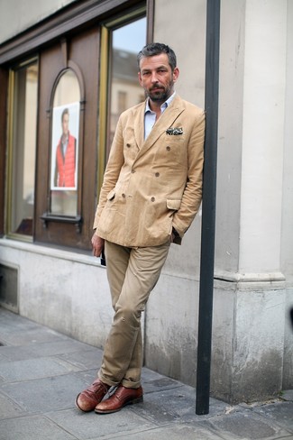 Olive Polka Dot Pocket Square Outfits: Consider wearing a tan double breasted blazer and an olive polka dot pocket square to feel absolutely confident in yourself and look casually cool. Bump up this whole getup by rounding off with a pair of brown leather derby shoes.