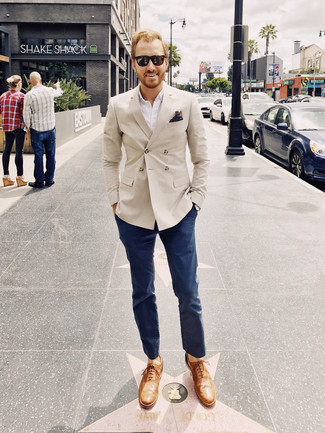 Men's Beige Double Breasted Blazer, White Long Sleeve Shirt, Navy Chinos, Tan Leather Oxford Shoes