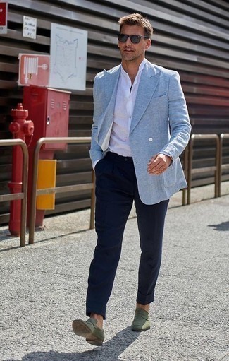 Light Blue Blazer Outfits For Men: Teaming a light blue blazer and navy chinos is a guaranteed way to infuse personality into your closet. Clueless about how to complement your ensemble? Rock olive suede loafers to step up the wow factor.