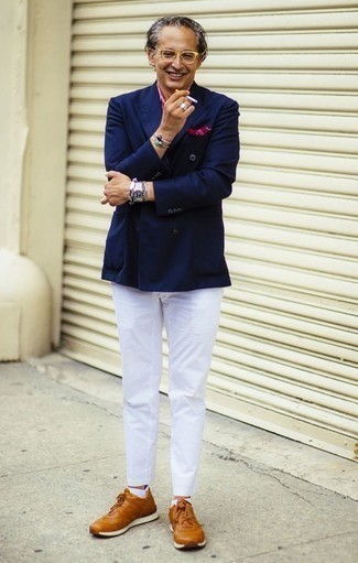 White No Show Socks Outfits For Men: This cool and casual look is super simple: a navy double breasted blazer and white no show socks. Feeling adventerous? Dress down your getup by sporting a pair of tobacco athletic shoes.
