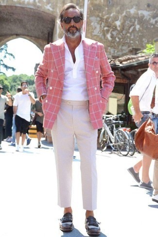 Pink Double Breasted Blazer Outfits For Men: Dress in a pink double breasted blazer and white check chinos if you want to look seriously stylish without spending too much time. Finishing off with dark brown fringe leather loafers is the most effective way to infuse an extra dose of style into this ensemble.
