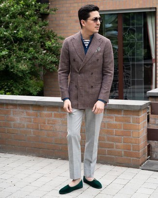 Dark Green Velvet Loafers Outfits For Men: No doubt, you'll look really stylish in a dark brown double breasted blazer and grey dress pants. Play down the dressiness of this look by finishing with a pair of dark green velvet loafers.